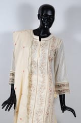 Cream Color Kora Cotton Embroidered Shirt with Kora Cotton Pant and Mal Cotton Embroidered Dupatta