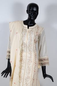 Cream Color Kora Cotton Embroidered Shirt with Kora Cotton Pant and Mal Cotton Embroidered Dupatta