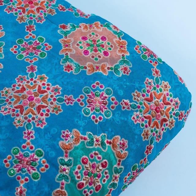 Firozi Colour Georgette Print With Embroidered Fabric