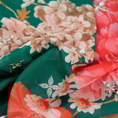 Green Colour Georgette Digital Print With Sequins & Faux Mirror Embroidered Fabric