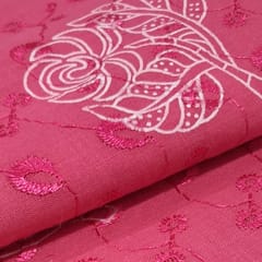 Bright Pink Cotton Chikan Fabric with White Leaf & Floral Embroidery