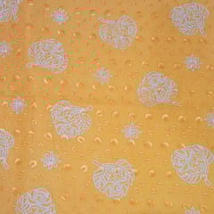 Manago Yellow Cotton Chikan Fabric with White Leaf & Floral Embroidery