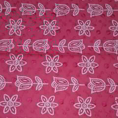 Bright Pink Cotton Chikan Fabric with White Tulip & Daisy Embroidery