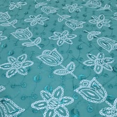 Peacock Green  Cotton Chikan Fabric with White Tulip & Daisy Embroidery