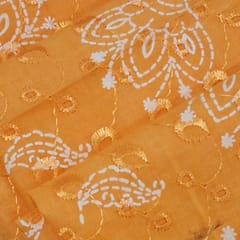 Mango Yellow Cotton Chikan Fabric with White Tulip & Daisy Embroidery