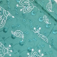 Peacock Green Cotton Chikan Fabric with White Paisley & Floral Embroidery