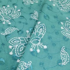 Peacock Green Cotton Chikan Fabric with White Paisley & Floral Embroidery