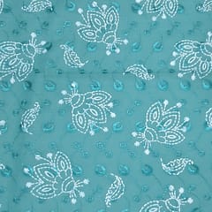 Peacock Green Cotton Chikan Fabric with White Paisley & Floral Embroidery