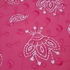 Bright Pink Cotton Chikan Fabric with White Paisley & Floral Embroidery