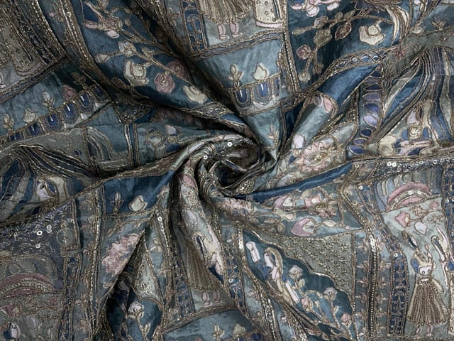 Sea Green Geometric Silk Embroiderd Fabric