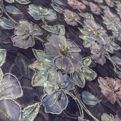 Dark Lavender Organza Embroidered Fabric – Floral Sequins Work