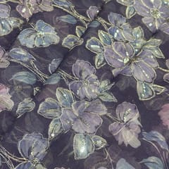 Dark Lavender Organza Embroidered Fabric – Floral Sequins Work