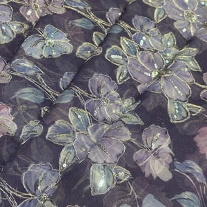 Dark Lavender Organza Embroidered Fabric – Floral Sequins Work
