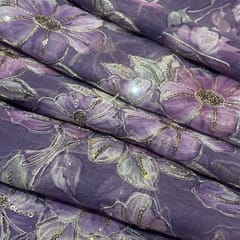 Lavender Plum Organza Embroidered Fabric – Floral Sequins Work