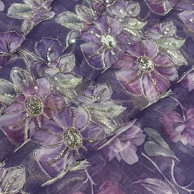 Lavender Plum Organza Embroidered Fabric – Floral Sequins Work
