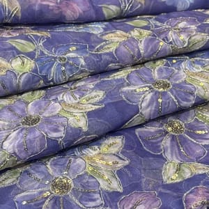 Royal Purple Organza Embroidered Fabric – Floral Sequins Work