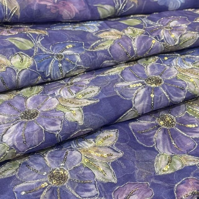 Royal Purple Organza Embroidered Fabric – Floral Sequins Work