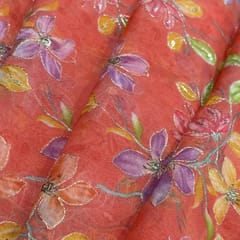 Red - Orange Organza Embroidered Fabric – Floral Sequins Work