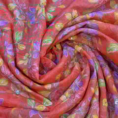 Red - Orange Organza Embroidered Fabric – Floral Sequins Work