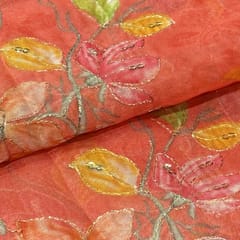 Red - Orange Organza Embroidered Fabric – Floral Sequins Work