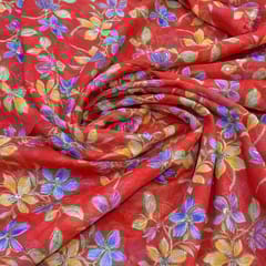 Tomato-Red Organza Embroidered Floral Fabric – Thread & Sequins Work