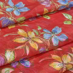 Tomato-Red Organza Embroidered Floral Fabric – Thread & Sequins Work