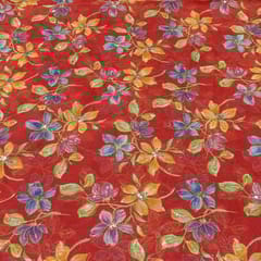 Tomato-Red Organza Embroidered Floral Fabric – Thread & Sequins Work