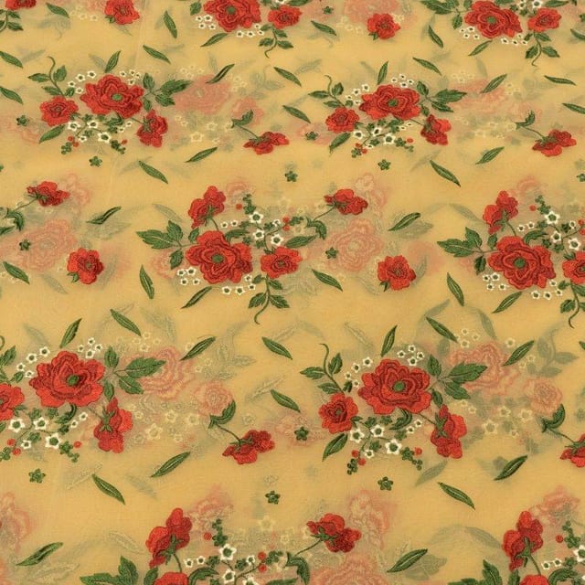 Beige Organza Embroidered Fabric