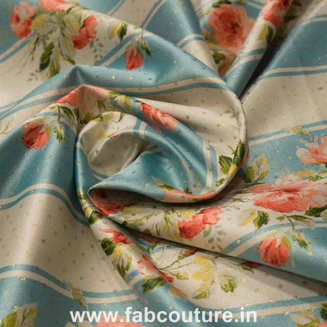 Poly Silk Stripes Floral Printed Fabric