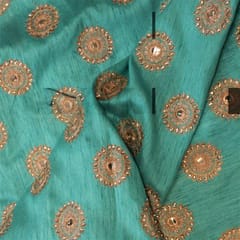 Sea Green Colour Poly Dupion Embroidered Fabric