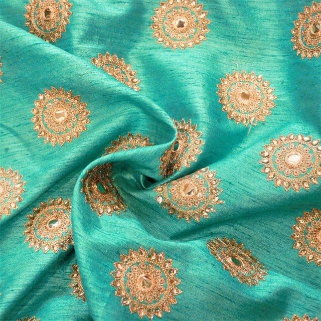 Sea Green Colour Poly Dupion Embroidered Fabric