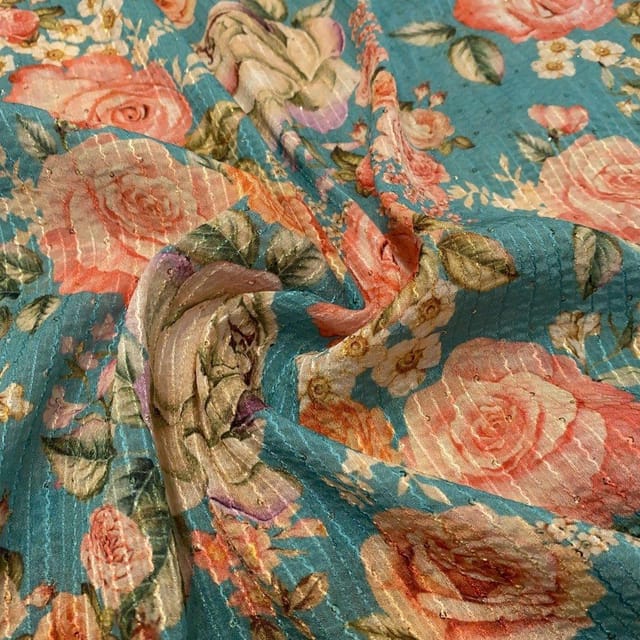 Sea Green Chinon Chiffon Print With Embroidered Fabric