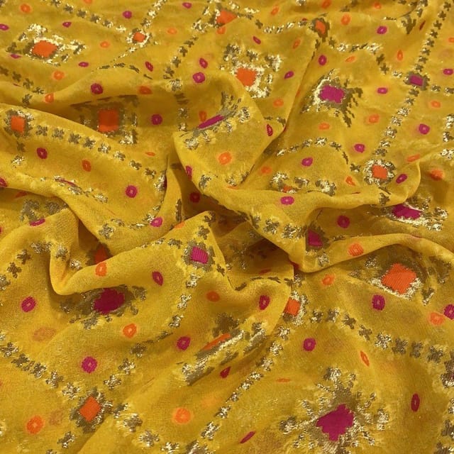 Yellow Georgette Jacquard Jaal fabric