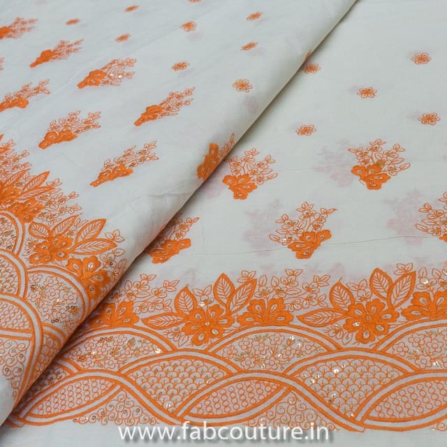 Off-white Cotton with Orange Border Embroidered Fabric
