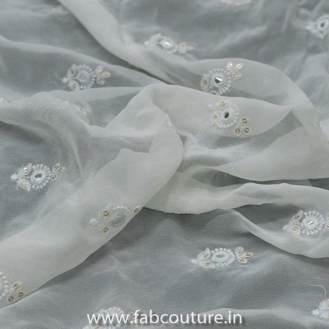 White Dyeable Faux Mirror Georgette Embroidered Fabric