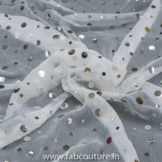 White Chinon Chiffon Mirror Embroidered Fabric