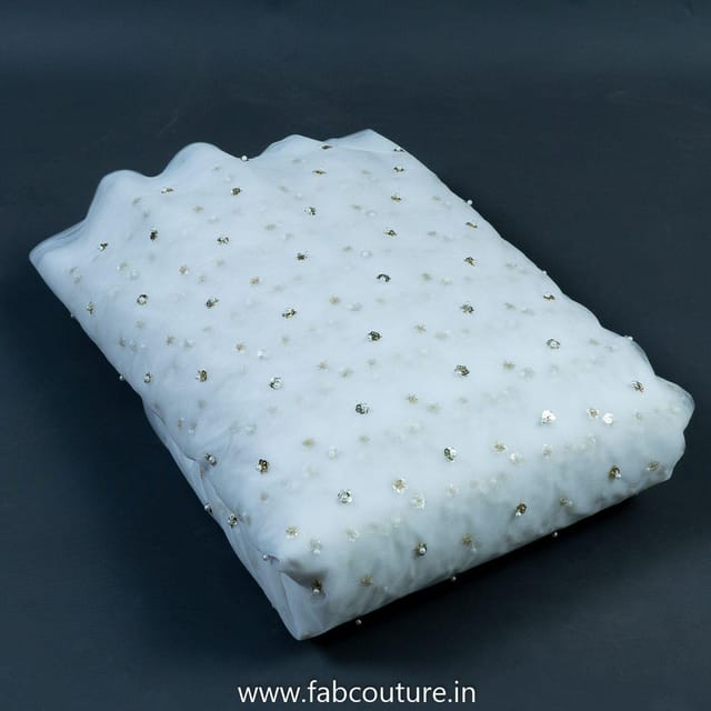 White dyeable Net Sequins and Pearl Embroidered Fabric