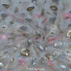 White Colour Net Embroidered Fabric