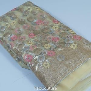 Beige Colour Net Embroidered Fabric
