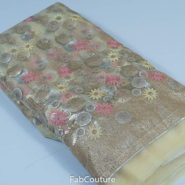 Beige Colour Net Embroidered Fabric