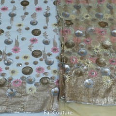 Beige Colour Net Embroidered Fabric