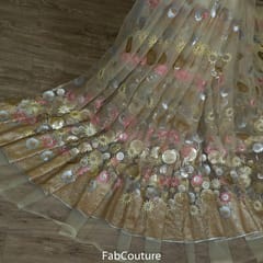 Beige Colour Net Embroidered Fabric