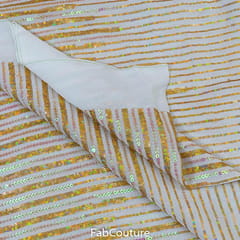 White Georgette Sequins Stripes Embroidered Fabric