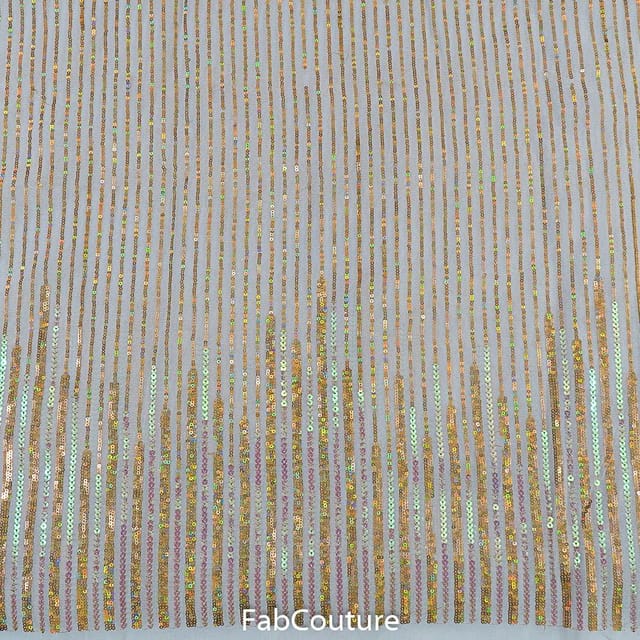 White Georgette Sequins Stripes Embroidered Fabric