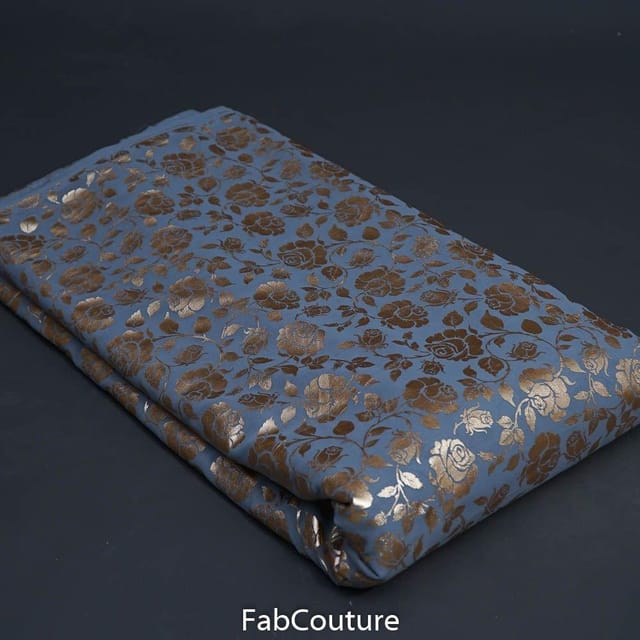 Grey Colour Georgette Foil Floral Printed Fabric
