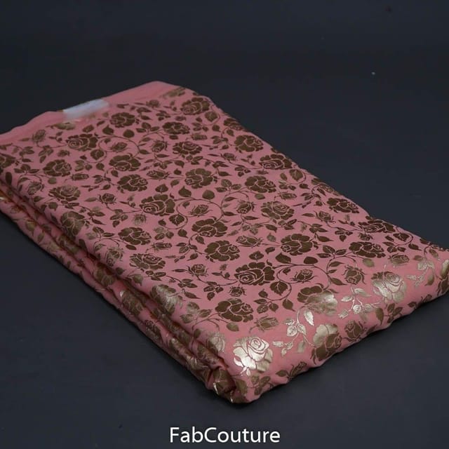 Peach Colour Georgette Foil Floral Printed Fabric