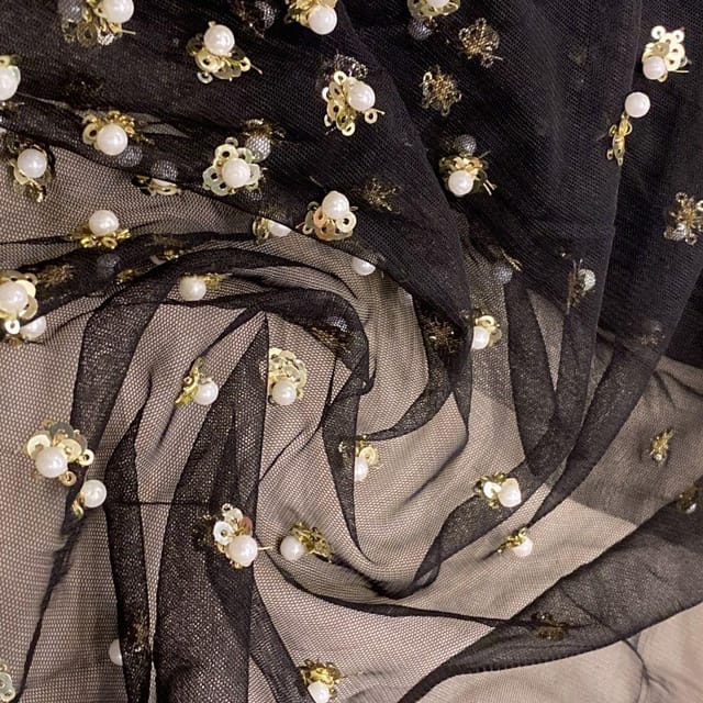 Black Colour Net Embroidered Fabric
