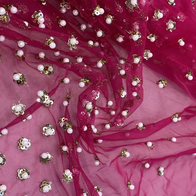 Magenta Colour Net Embroidered Fabric