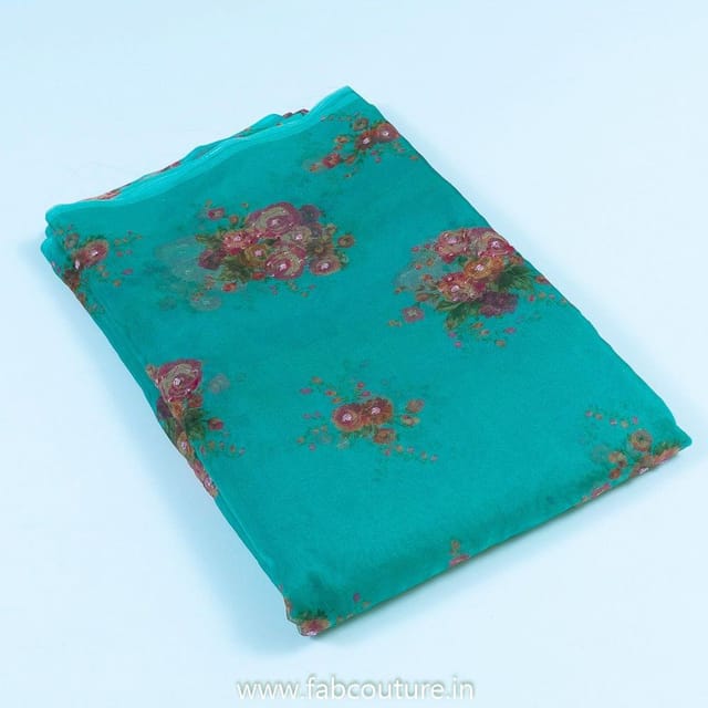 Dark Firozi Organza Print With Hand Embroidered Fabric