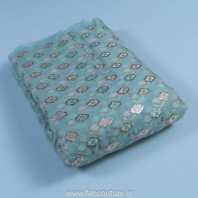 Sky Blue Organza Embroidered Fabric